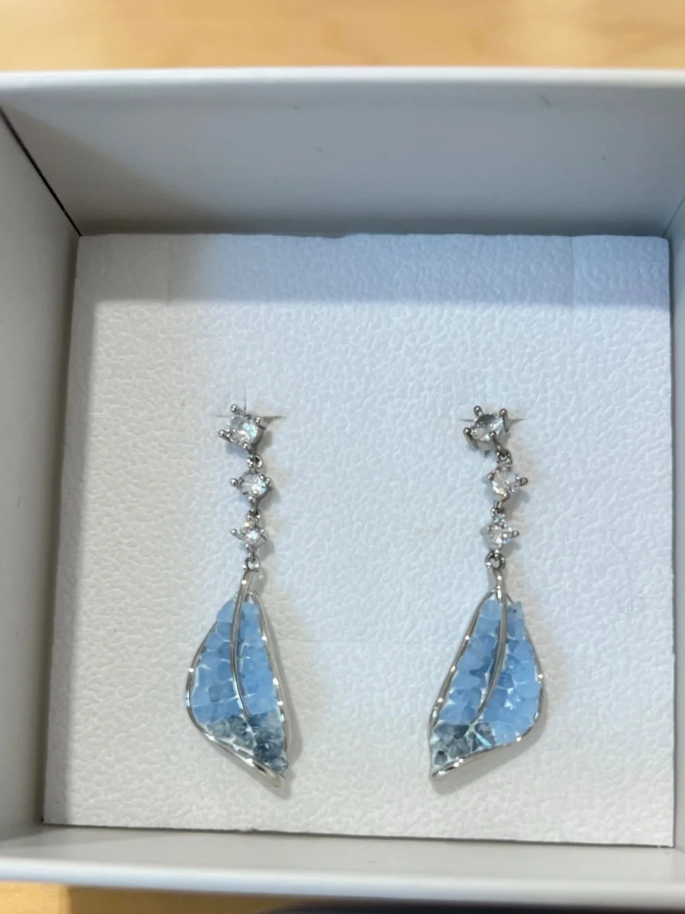 Caroma Blue Crystal Leaf Drop Earrings with Original Box New